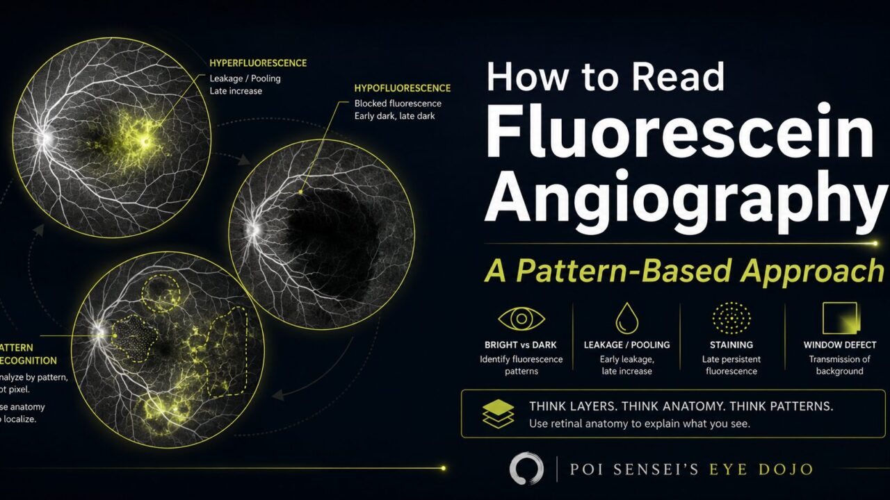 Fluorescein angiography interpretation: hyperfluorescence from leakage and pooling, hypofluorescence from blocked fluorescence, staining, and window defect