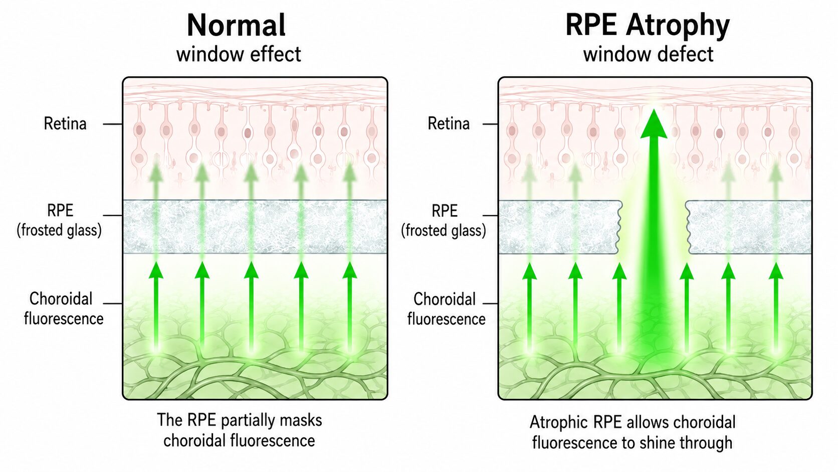 Normal window effect versus a window defect: the RPE partly masks choroidal fluorescence, and atrophic RPE lets it shine through