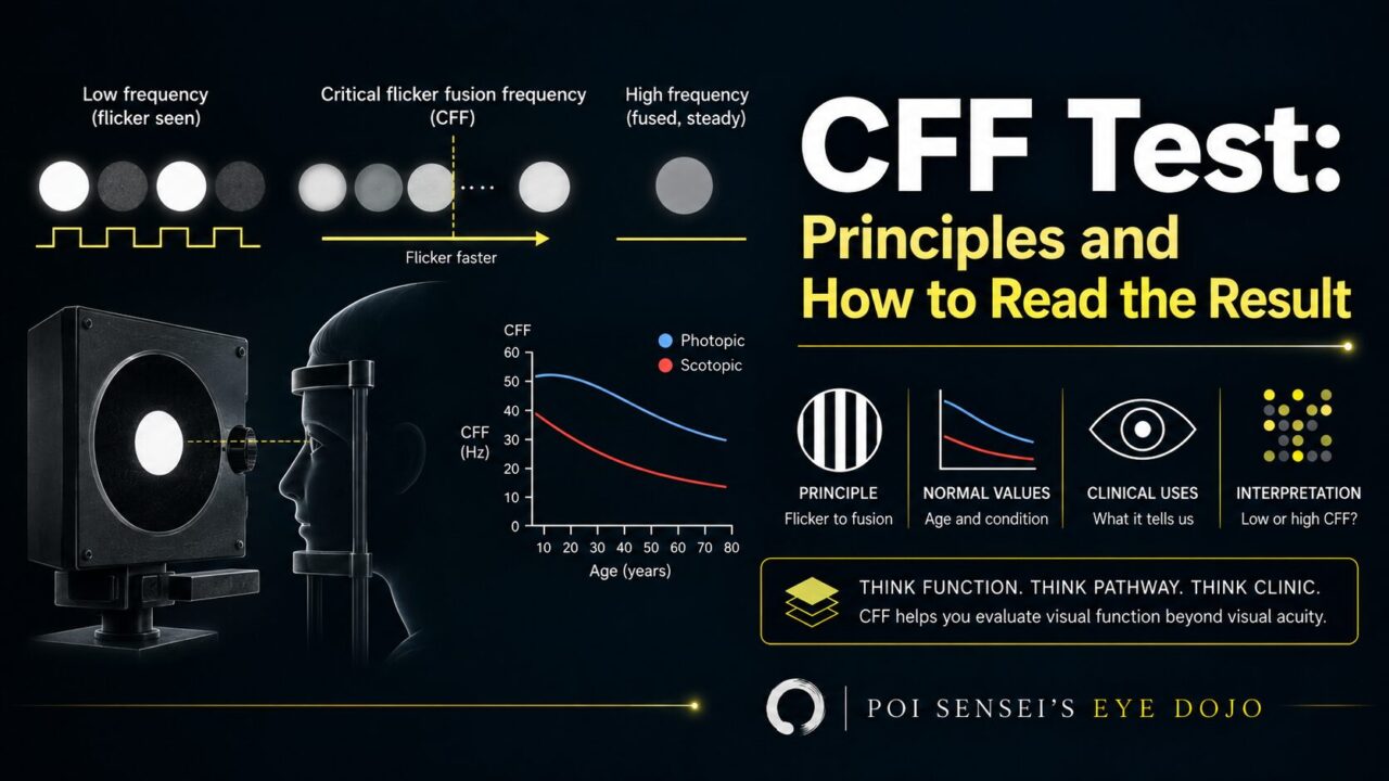 CFF test: principles and how to read the result, with a flicker fusion diagram, a CFF meter, and CFF values by age