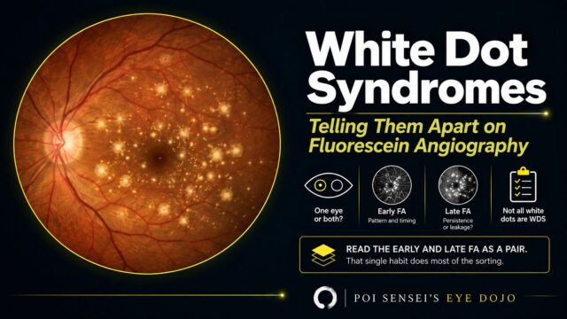 White dot syndromes: telling them apart on fluorescein angiography, with a fundus showing white dots and a four-step checklist — one eye or both, early FA, late FA, and not all white dots are white dot syndromes