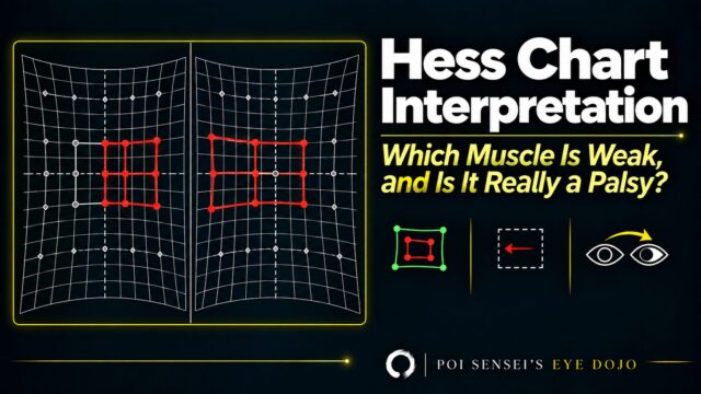 Hess chart interpretation: which muscle is weak, and is it really a palsy? Two Hess charts side by side with a smaller paretic field, a yoke muscle overacting, and an eye that will not abduct