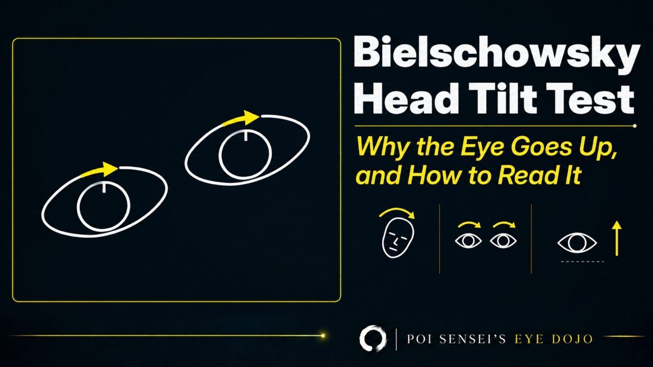Bielschowsky head tilt test: the eyes counter-roll when the head tilts, and in superior oblique palsy the affected eye goes up