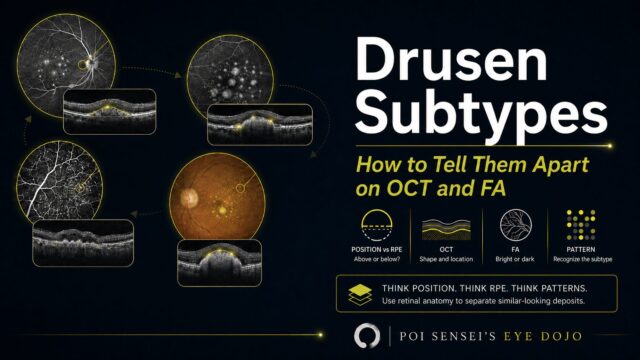 Drusen subtypes on OCT and FA: fundus, autofluorescence and OCT panels showing hard, soft, subretinal drusenoid, cuticular and pachydrusen