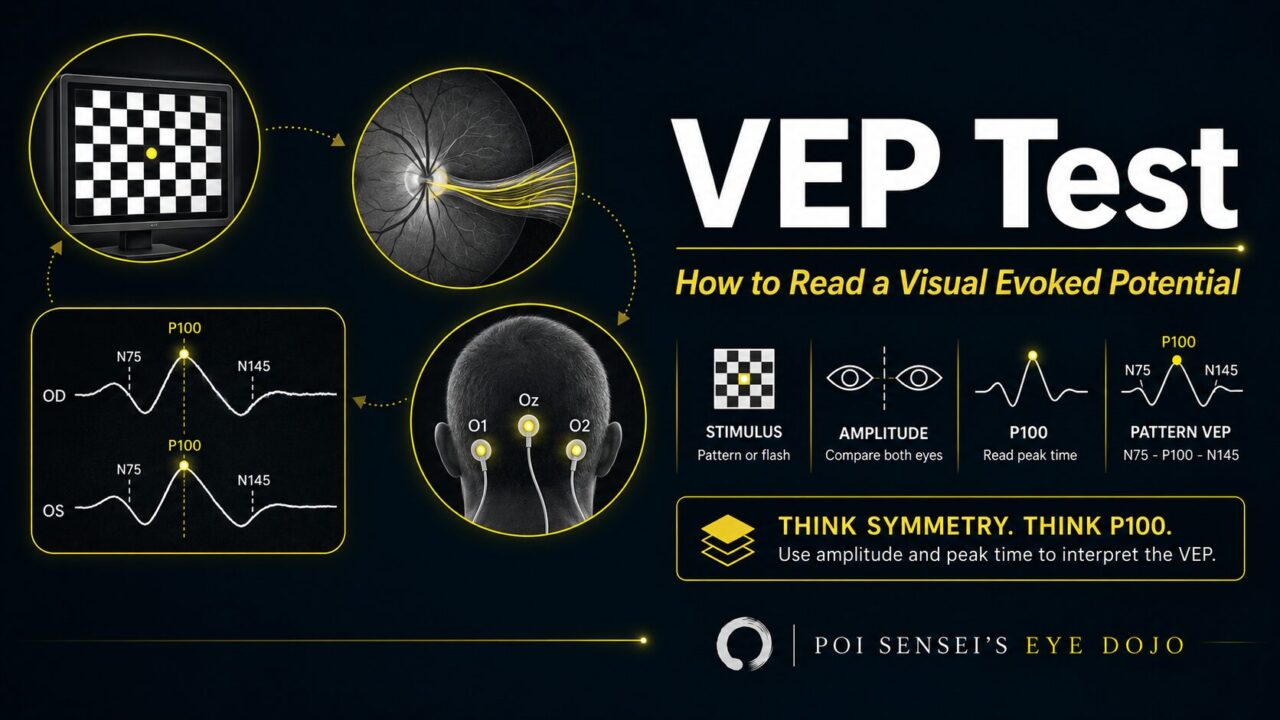 VEP test: how to read a visual evoked potential. Checkerboard stimulus, occipital electrodes, and N75-P100-N145 waveforms of both eyes