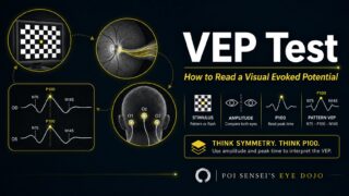 VEP test: how to read a visual evoked potential. Checkerboard stimulus, occipital electrodes, and N75-P100-N145 waveforms of both eyes