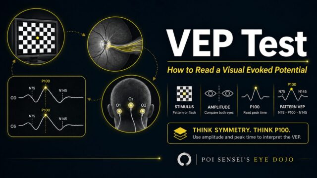 VEP test: how to read a visual evoked potential. Checkerboard stimulus, occipital electrodes, and N75-P100-N145 waveforms of both eyes