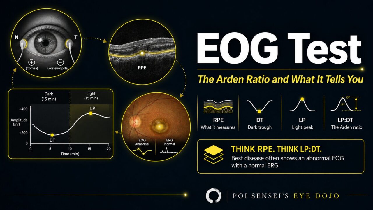 EOG test: the Arden ratio and what it tells you. Nasal and temporal electrodes, the RPE on OCT, the dark trough and light peak curve, and Best disease with an abnormal EOG and a normal ERG