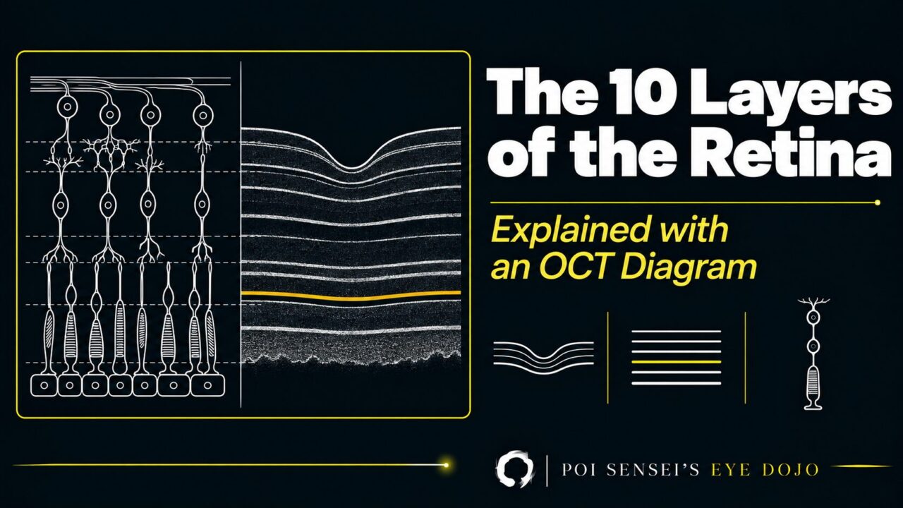 The 10 layers of the retina, explained with an OCT diagram. Line drawings of retinal neurons beside the matching OCT bands, with the ellipsoid zone highlighted