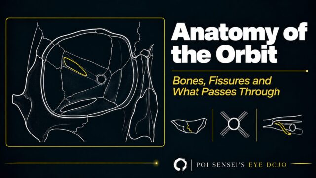 Anatomy of the orbit: bones, fissures and what passes through. A line drawing of the right bony orbit from the front, with the superior orbital fissure highlighted