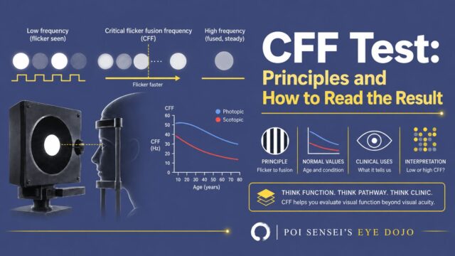 CFF test: principles and how to read the result. A flicker stimulus, the critical flicker fusion frequency and a normal-value chart by age