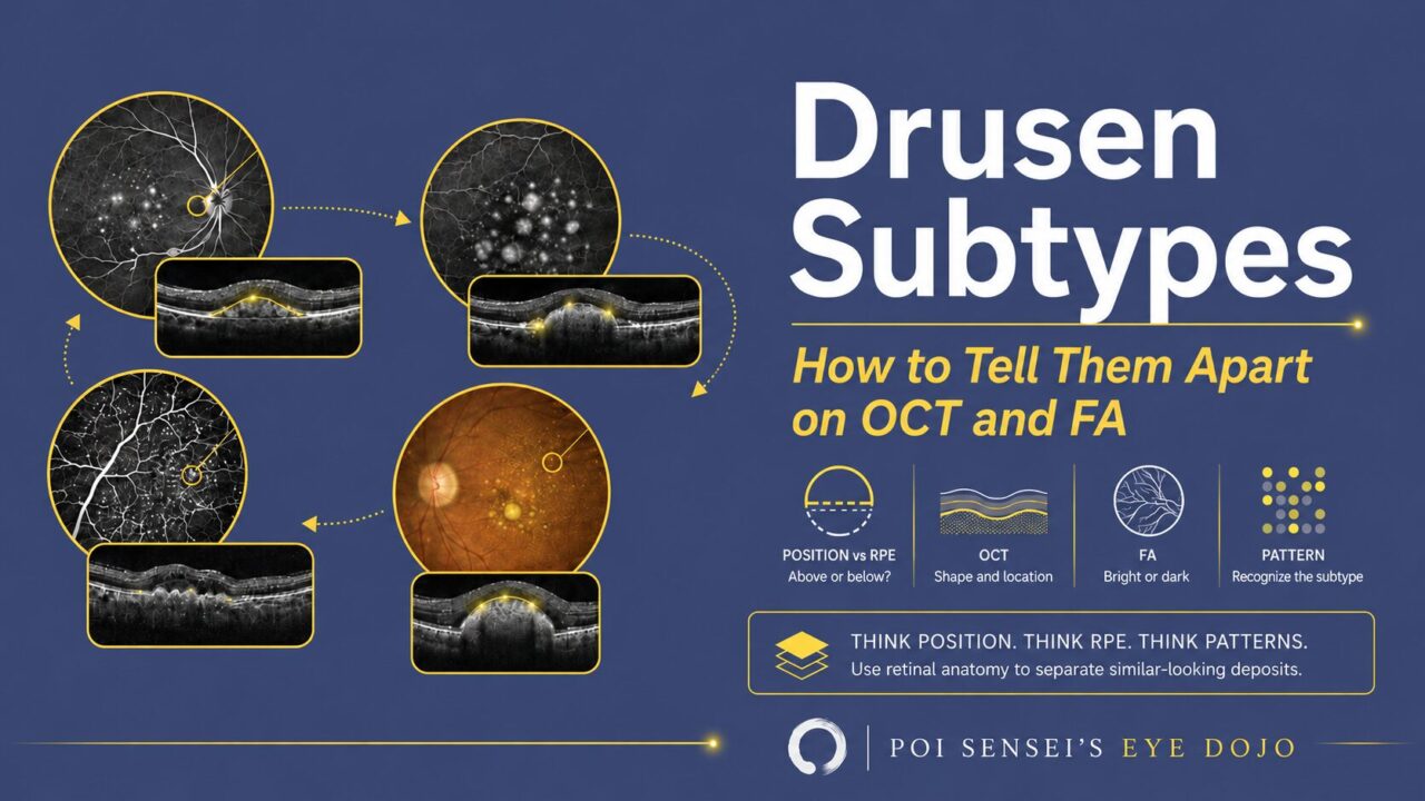 Drusen subtypes: how to tell them apart on OCT and FA. Four fundus images with matching OCT sections, and icons for position, OCT, FA and pattern