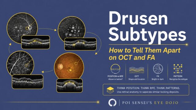 Drusen subtypes: how to tell them apart on OCT and FA. Four fundus images with matching OCT sections, and icons for position, OCT, FA and pattern
