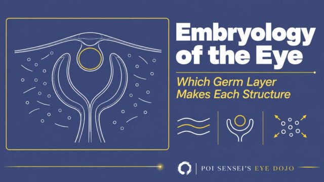 Embryology of the eye: which germ layer makes each structure. A line drawing of the optic cup, lens vesicle and surface ectoderm, with neural crest cells around them