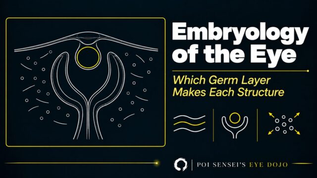 Embryology of the eye: which germ layer makes each structure. A line drawing of the optic cup, lens vesicle and surface ectoderm, with neural crest cells around them