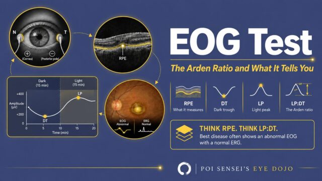 EOG test: the Arden ratio and what it tells you. The eye and RPE, the dark trough and light peak on the Arden curve, and icons for RPE, DT, LP and the ratio