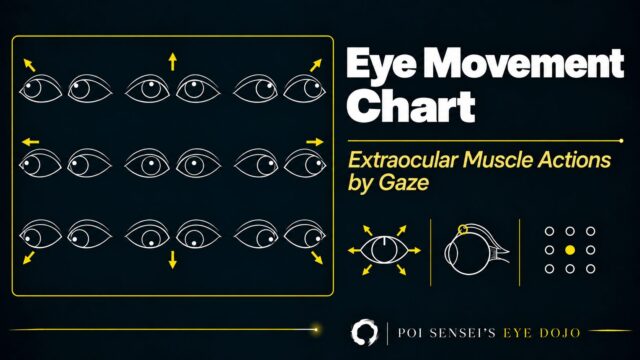 Eye movement chart: extraocular muscle actions by gaze. Line drawings of both eyes in the nine positions of gaze, with arrows showing each direction