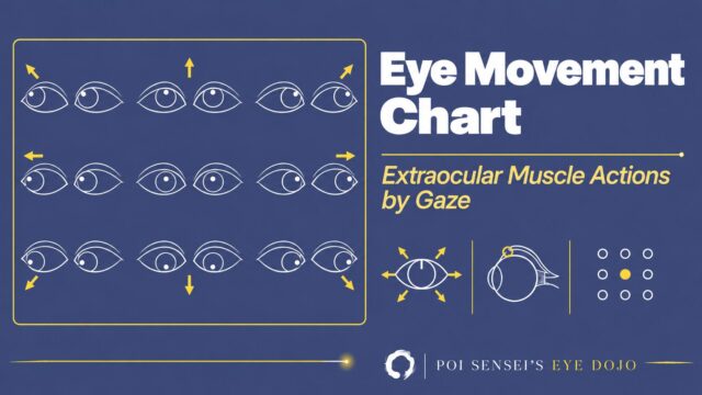 Eye movement chart: extraocular muscle actions by gaze. Line drawings of both eyes in the nine positions of gaze, with arrows showing each direction