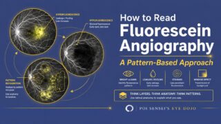 How to read fluorescein angiography: a pattern-based approach. Three fluorescein angiograms showing hyperfluorescence, hypofluorescence and pattern recognition