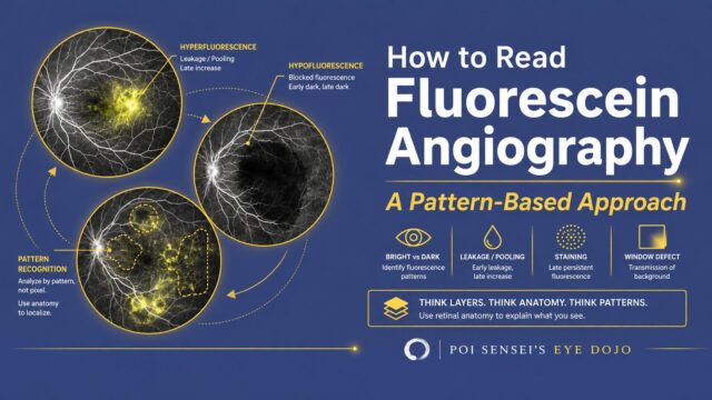 How to read fluorescein angiography: a pattern-based approach. Three fluorescein angiograms showing hyperfluorescence, hypofluorescence and pattern recognition