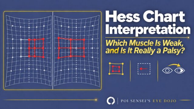Hess chart interpretation: which muscle is weak, and is it really a palsy? Two Hess charts side by side with a smaller paretic field and an overacting yoke muscle