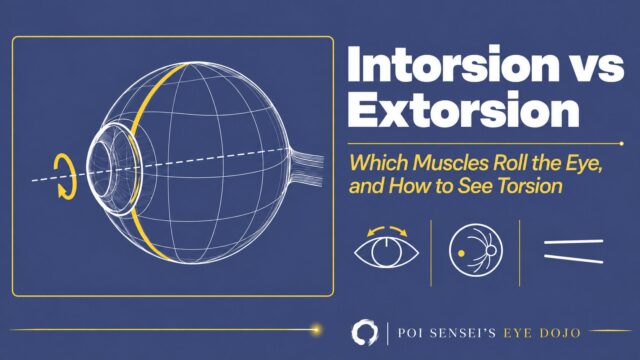 Intorsion vs extorsion: which muscles roll the eye, and how to see torsion. A line drawing of an eyeball rolling around its visual axis, with icons for the 12 o'clock mark, the fundus and the double Maddox rod