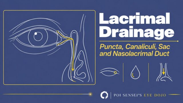 Lacrimal drainage system: puncta, canaliculi, lacrimal sac and nasolacrimal duct. A line drawing of the right eye with the tear drainage path highlighted