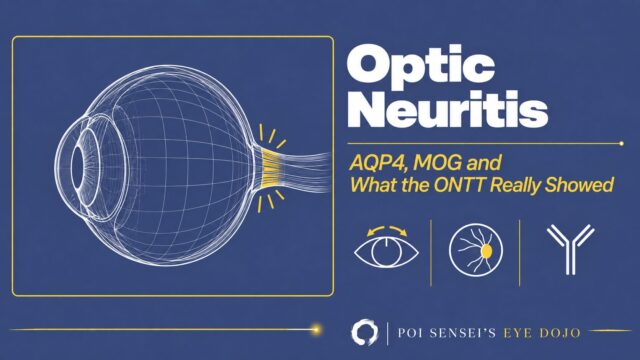Optic neuritis: AQP4, MOG and what the ONTT really showed. A line drawing of an eyeball with the optic nerve behind it highlighted in yellow, with icons for pain on eye movement, a swollen optic disc and an antibody