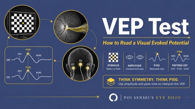 VEP test: how to read a visual evoked potential. A checkerboard stimulus, the visual pathway and the N75-P100-N145 waveform