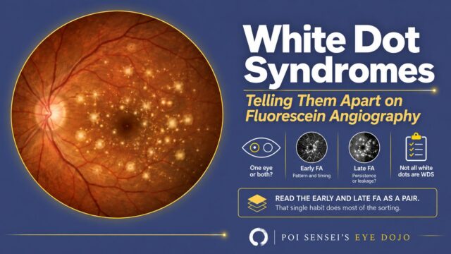 White dot syndromes: telling them apart on fluorescein angiography. A fundus photograph with scattered white dots, and icons for laterality, early FA, late FA and a checklist