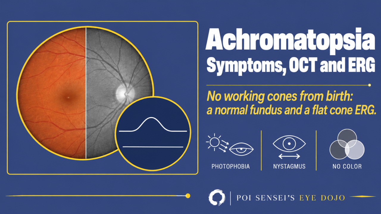 Achromatopsia: a normal fundus shown half in color and half in grayscale, with a rod ERG wave and a flat cone ERG