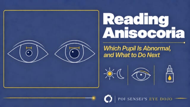 Reading anisocoria: which pupil is abnormal, and what to do next. A line drawing of two eyes, one with a small pupil and one with a larger pupil, each with a yellow measuring bracket, with icons for light versus dark, ptosis and an eye drop
