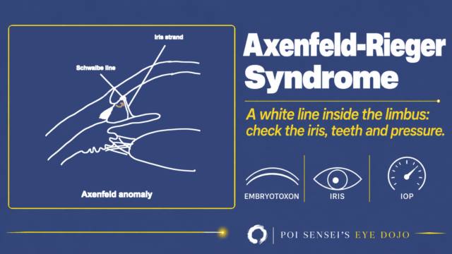 Axenfeld-Rieger Syndrome thumbnail: a hand-drawn cross section of the angle in Axenfeld anomaly, with the Schwalbe line moved forward and an iris strand attached