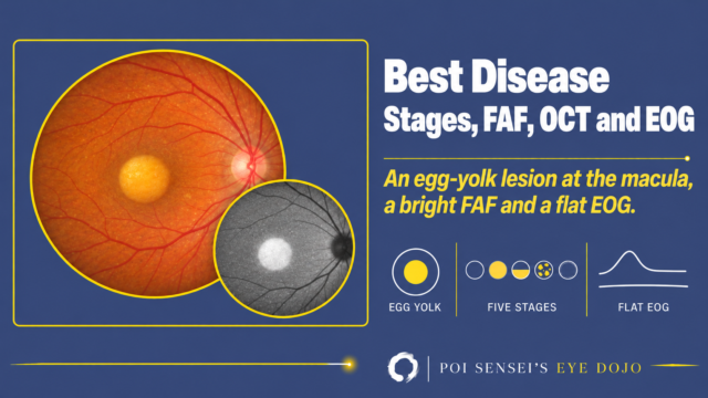 Best disease thumbnail: color fundus photograph with a round yellow egg-yolk lesion at the macula and an autofluorescence image in which the lesion is bright