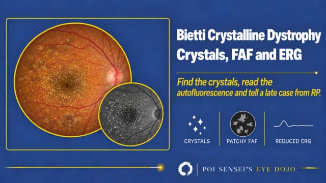 Bietti crystalline dystrophy: fundus with fine glittering crystals over the posterior pole and a near-infrared inset