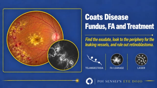 Thumbnail for Coats Disease: Fundus, FA and Treatment, with an illustrated fundus showing macular exudate and peripheral telangiectatic vessels