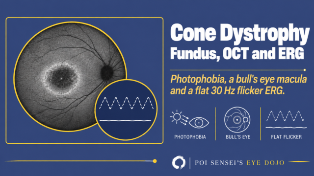 Cone dystrophy: fundus autofluorescence with a bull's eye pattern and a flat 30 Hz flicker ERG