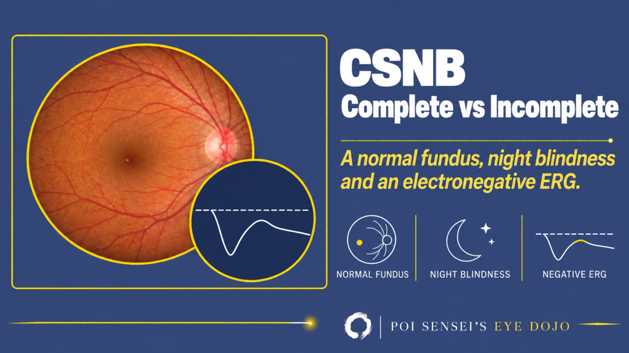 CSNB: complete vs incomplete. A normal fundus photograph with an inset of an electronegative ERG trace