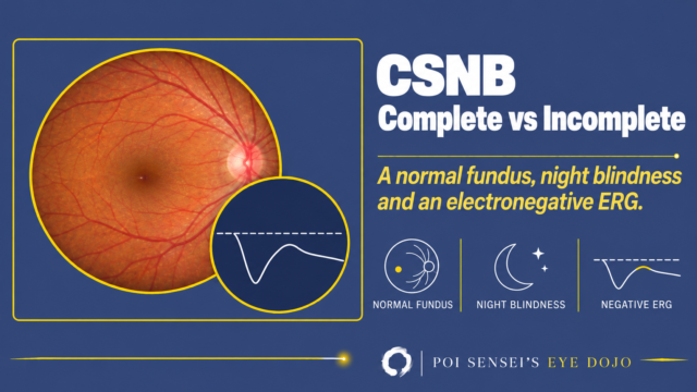 CSNB: complete vs incomplete. A normal fundus photograph with an inset of an electronegative ERG trace