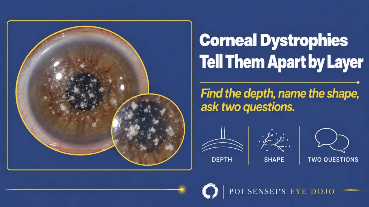 Corneal dystrophies: tell them apart by layer. A slit-lamp style photograph of granular corneal dystrophy with a magnified inset, and icons for depth, shape and two questions