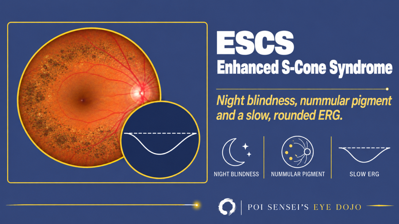 Enhanced S-cone syndrome: fundus with a mid-peripheral band of small pigment clumps and a slow, rounded ERG