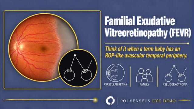 Familial exudative vitreoretinopathy (FEVR): fundus with an avascular temporal periphery and a diagram of pseudoexotropia
