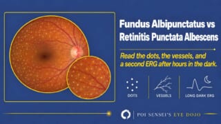 Fundus albipunctatus vs retinitis punctata albescens: a fundus with uniform white dots sparing the macula