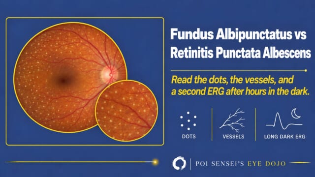 Fundus albipunctatus vs retinitis punctata albescens: a fundus with uniform white dots sparing the macula
