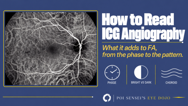 How to Read ICG Angiography: what it adds to FA, from the phase to the pattern. A grayscale indocyanine green angiogram of a right eye shows bright retinal vessels over a mesh of choroidal vessels.