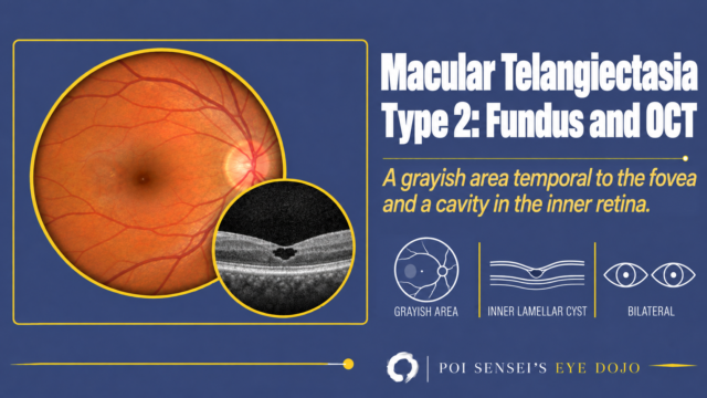 Macular telangiectasia type 2: fundus photograph with a grayish area temporal to the fovea and an OCT with an inner retinal cavity