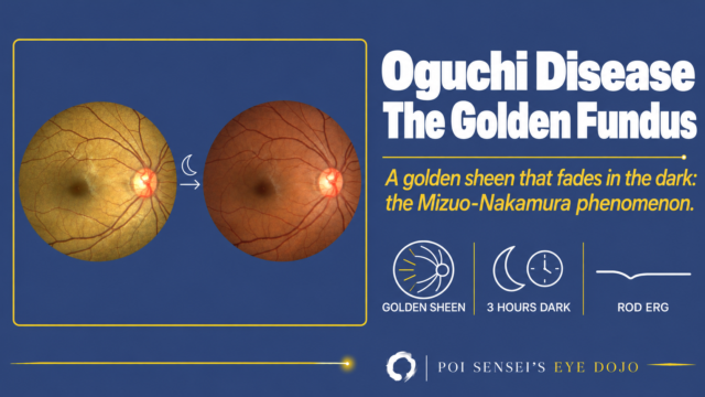Oguchi Disease: The Golden Fundus. A golden fundus next to the same eye with a normal color after dark adaptation.