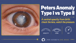 Thumbnail: an eye with a dense white opacity in the center of the cornea, next to the title Peters Anomaly, Type I vs Type II.