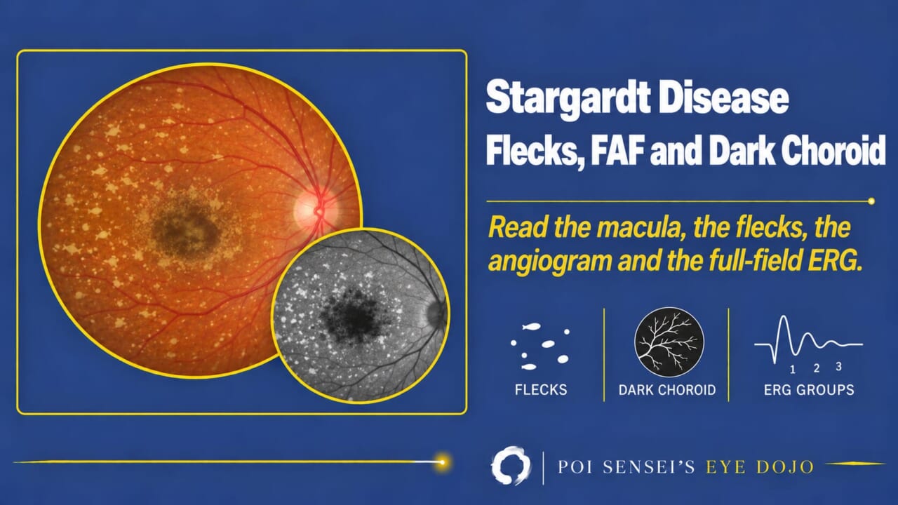 Stargardt Disease: Flecks, FAF and Dark Choroid. Illustrated fundus with macular atrophy and yellow flecks, and an autofluorescence inset