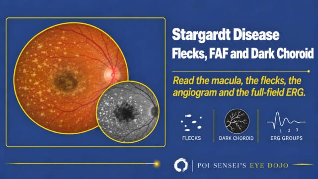 Stargardt Disease: Flecks, FAF and Dark Choroid. Illustrated fundus with macular atrophy and yellow flecks, and an autofluorescence inset