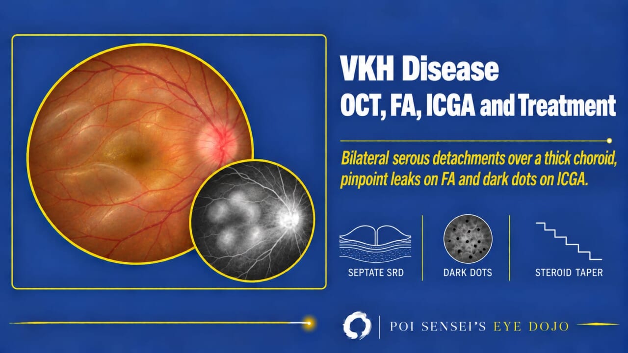 VKH disease thumbnail: a fundus photograph with serous retinal detachments and a swollen disc, and a fluorescein angiogram with pooled dye